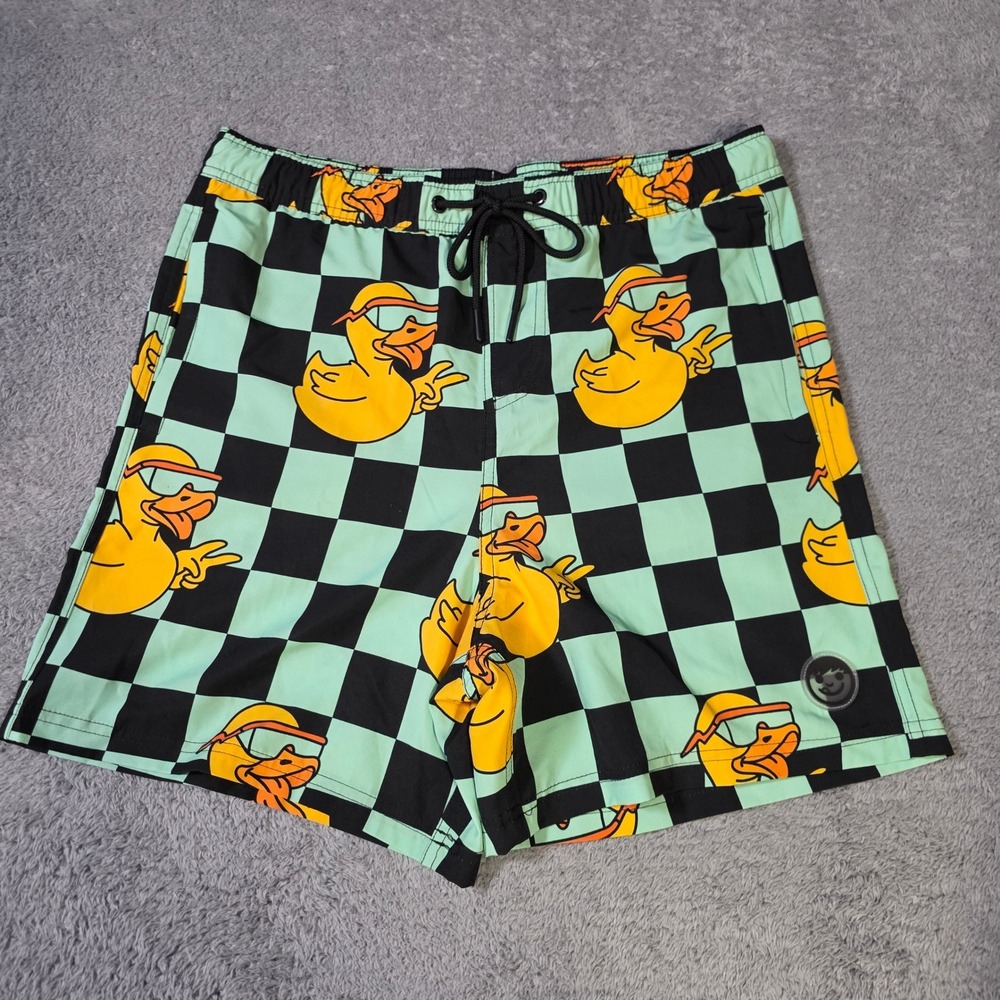 Neff Mens Large Swim Trunks Mint Green Checkerboard Duck Graphic Board Shorts